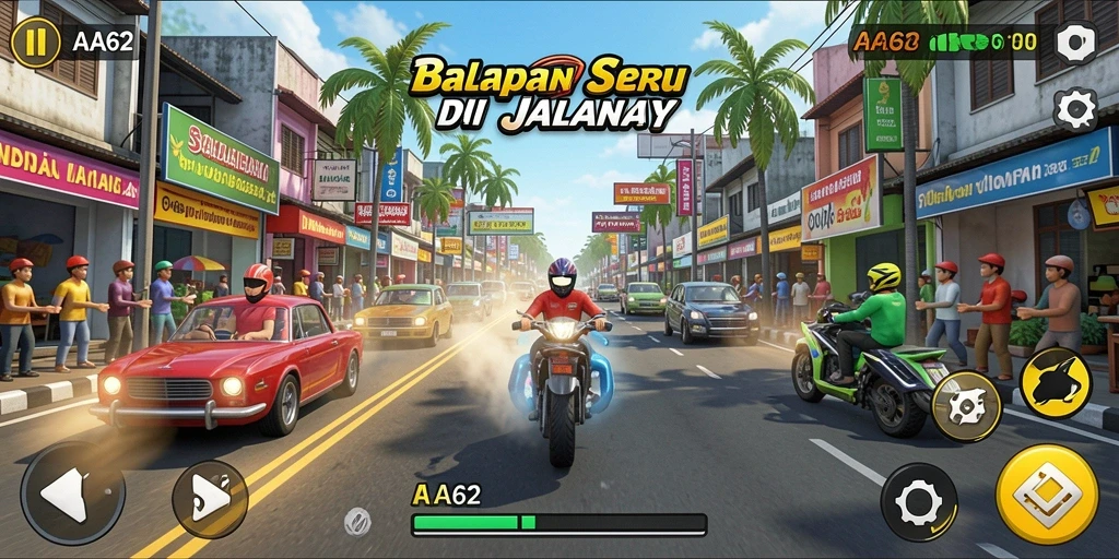 Screenshot gameplay dari AA62 menampilkan aksi balap seru.