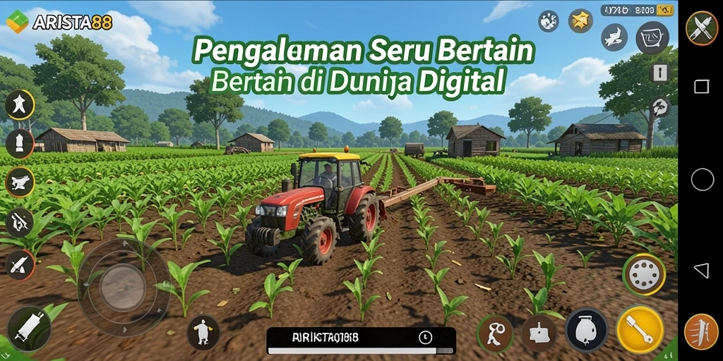Screenshot gameplay ARISTA88 yang menampilkan kebun yang asri dan hewan ternak.
