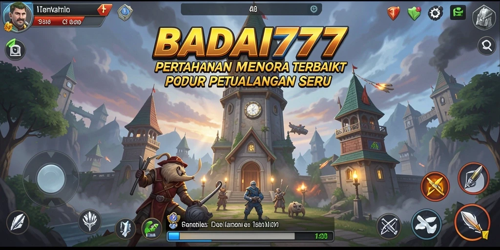 Tampilan gameplay BADAI777 menunjukkan pertahanan menara yang epik dan serangan musuh yang intens.