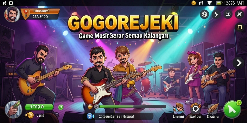 Tampilan gameplay GOGOREJEKI dengan berbagai lagu dan tantangan musik.
