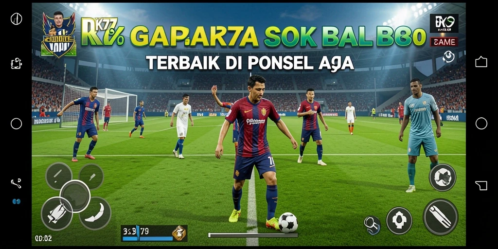 Screenshot gameplay RK77 dengan pertandingan sepak bola yang intens.
