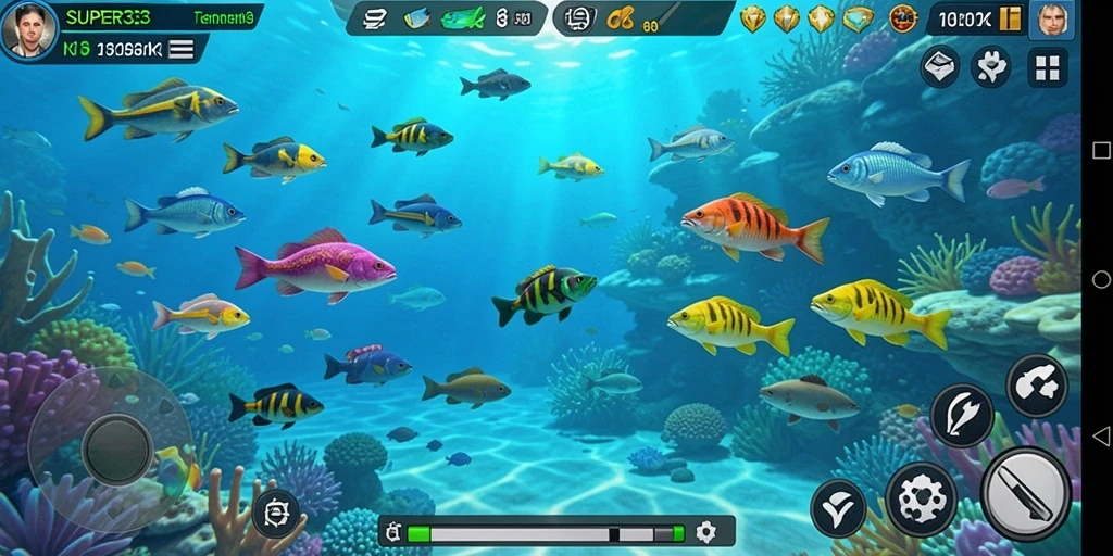 Screenshot gameplay SUPER33 dengan aksi menembak ikan yang seru.